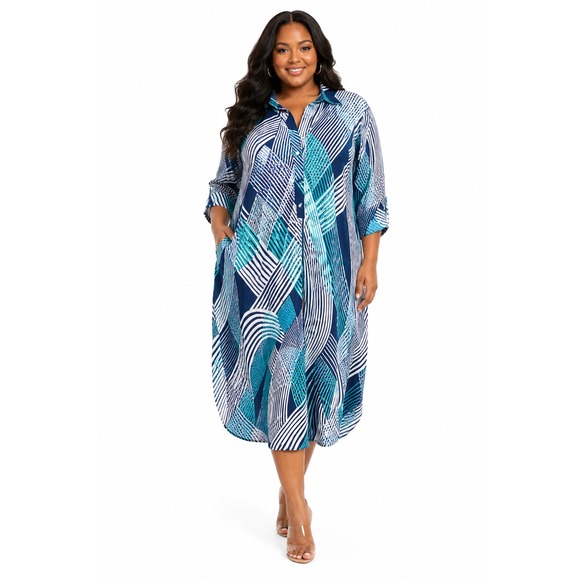 Mlle Gabrielle Dresses & Skirts - Mlle Gabrielle Navy, Teal & White Abstract Print Midi Shirt Dress